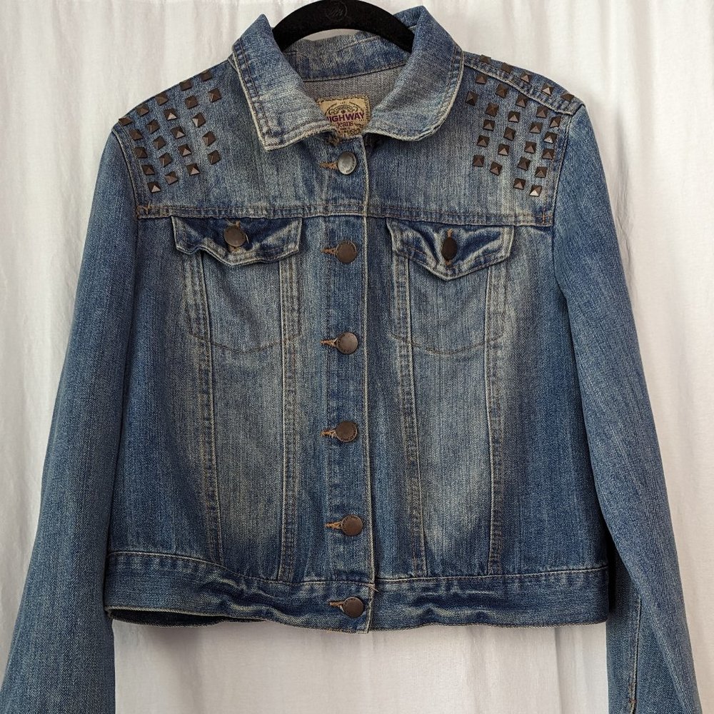 Vintage Studded Distressed Cropped Denim Jacket Size Large